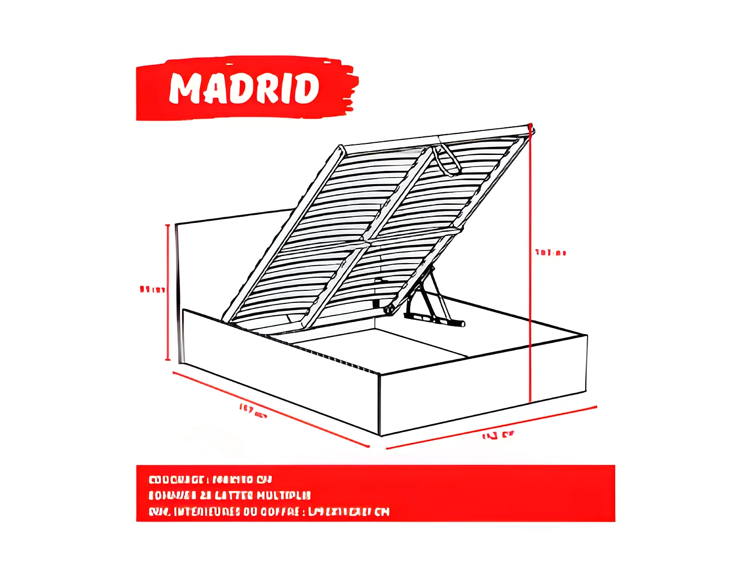 Lit coffre MADRID 140x190 + 1 sommier + 1 matelas mémoire de forme / Chêne Blanchi