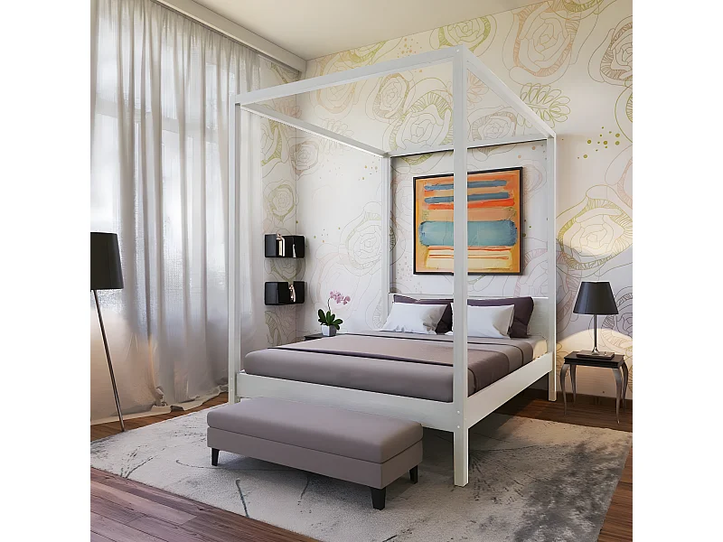 Lit double à baldaquin ROMANCE 160x200 / Laqué Blanc