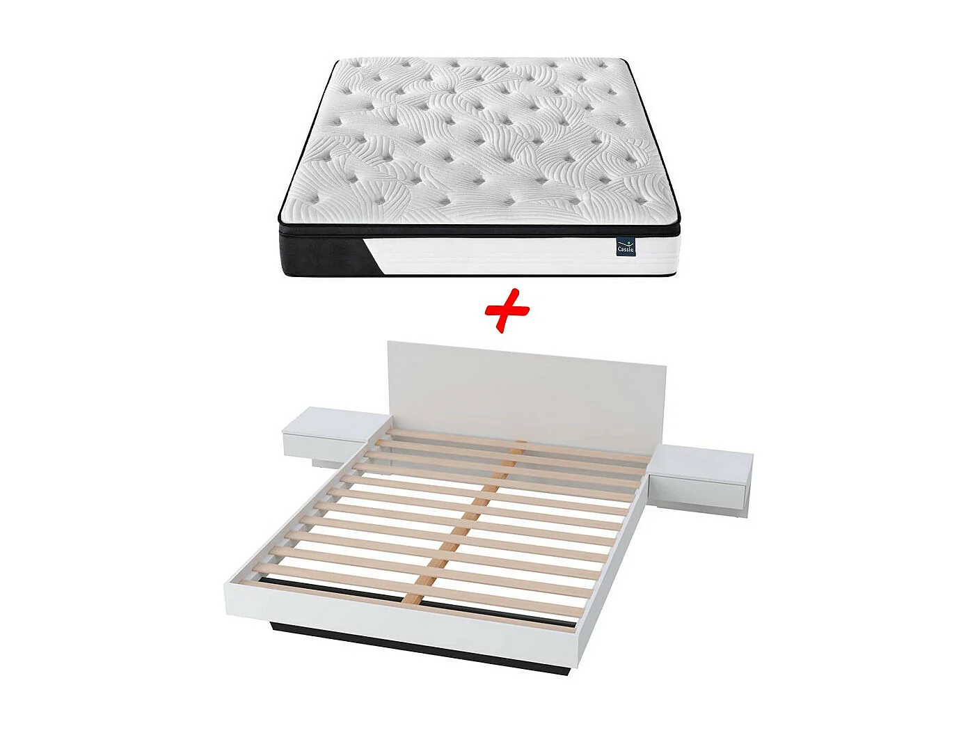 Lit COOL 140x190 cm + 2 chevets + sommier + matelas CASSIE / Blanc