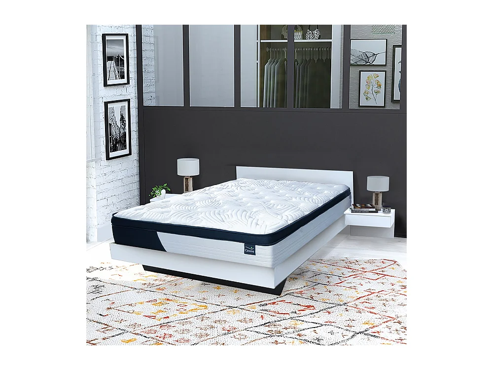 Lit COOL 140x190 cm + 2 chevets + sommier + matelas CASSIE / Blanc