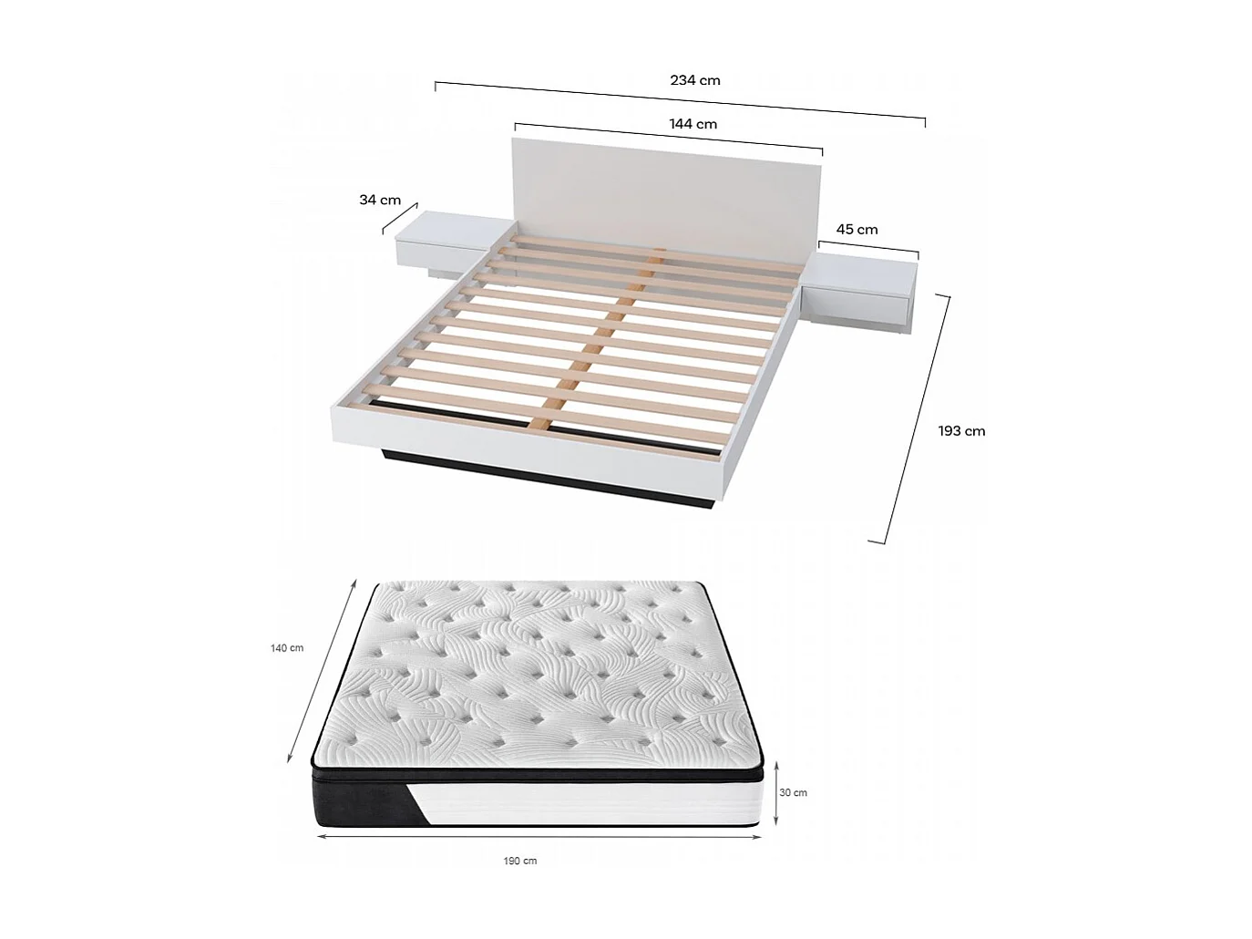 Lit COOL 140x190 cm + 2 chevets + sommier + matelas CASSIE / Blanc