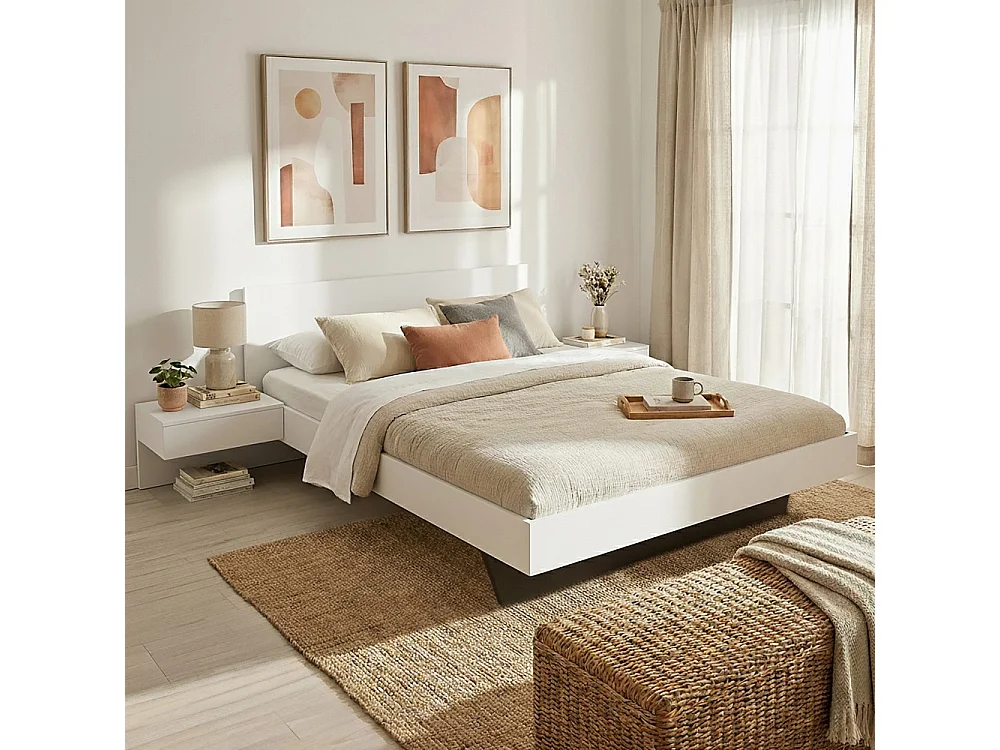 Lit COOL 140x190 cm + 2 chevets + sommier + matelas CASSIE / Blanc