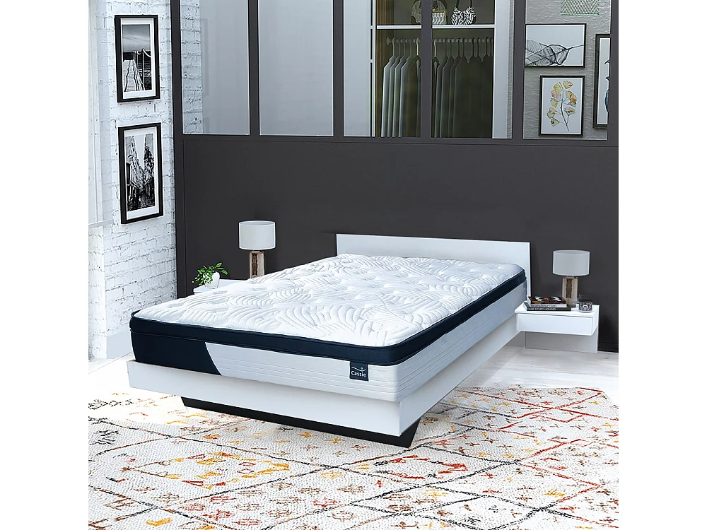 Lit COOL 140x190 cm + 2 chevets + sommier + matelas CASSIE / Blanc