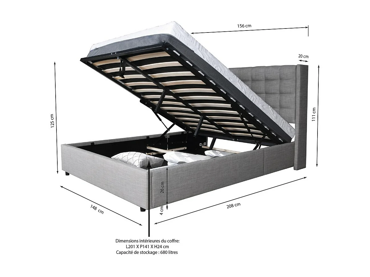 Lit coffre WEMBLEY 140x190 + 1 sommier / Gris clair
