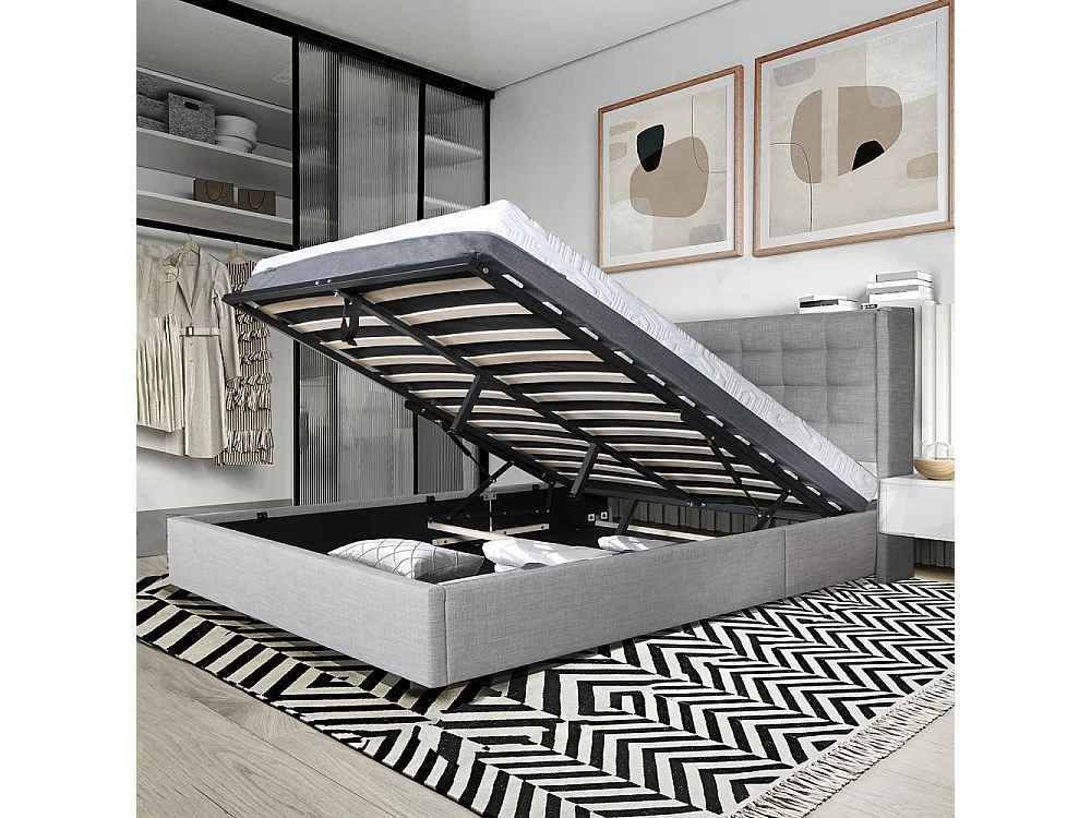 Lit coffre WEMBLEY 140x190 + 1 sommier / Gris clair