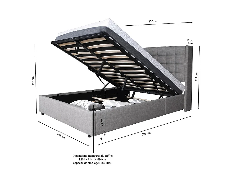 Lit coffre WEMBLEY 140x190 + 1 sommier / Gris clair