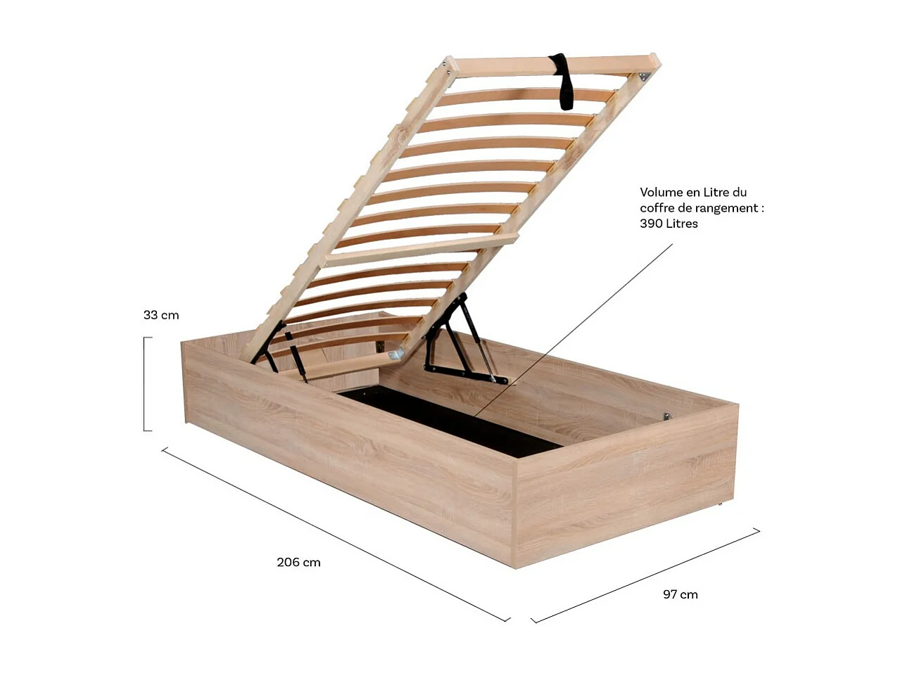 Lit coffre BILBAO 90x200 cm + sommier / Décor chêne blanchi