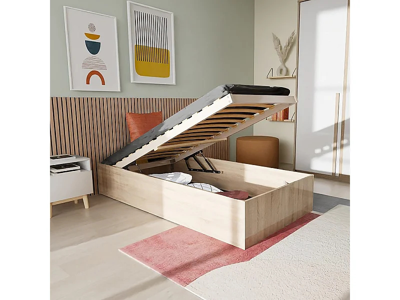 Lit coffre BILBAO 90x200 cm + sommier / Décor chêne blanchi