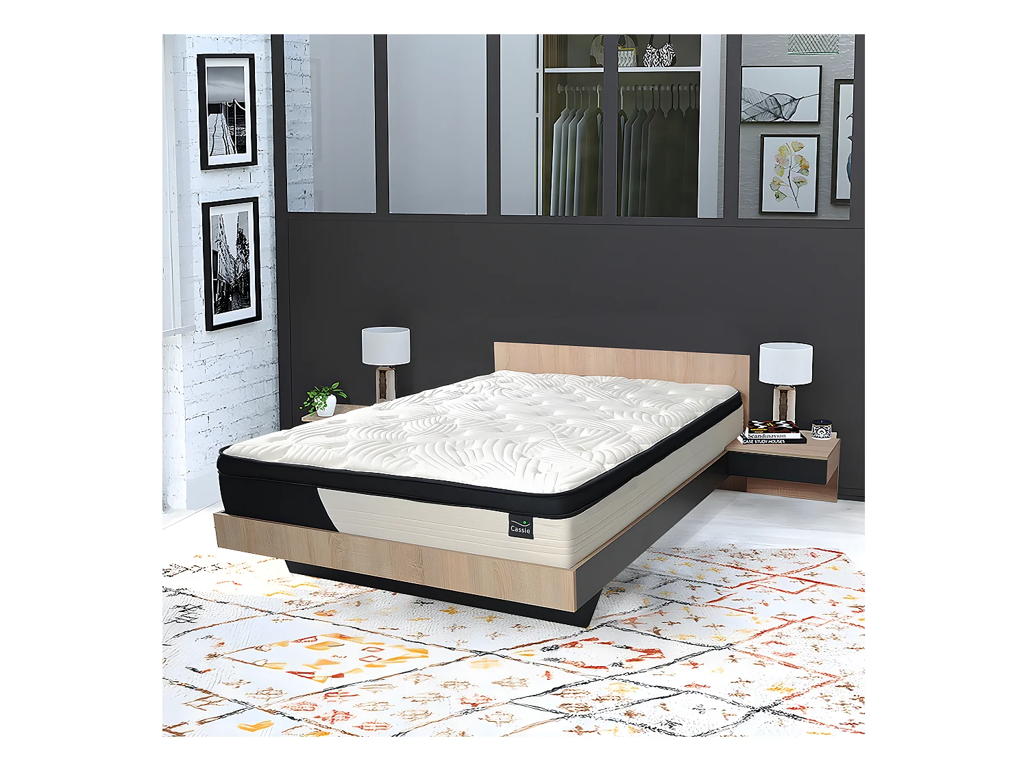 Lit COOL 140x190 cm + 2 chevets + sommier + matelas CASSIE / Décor Chêne blanchi & noir