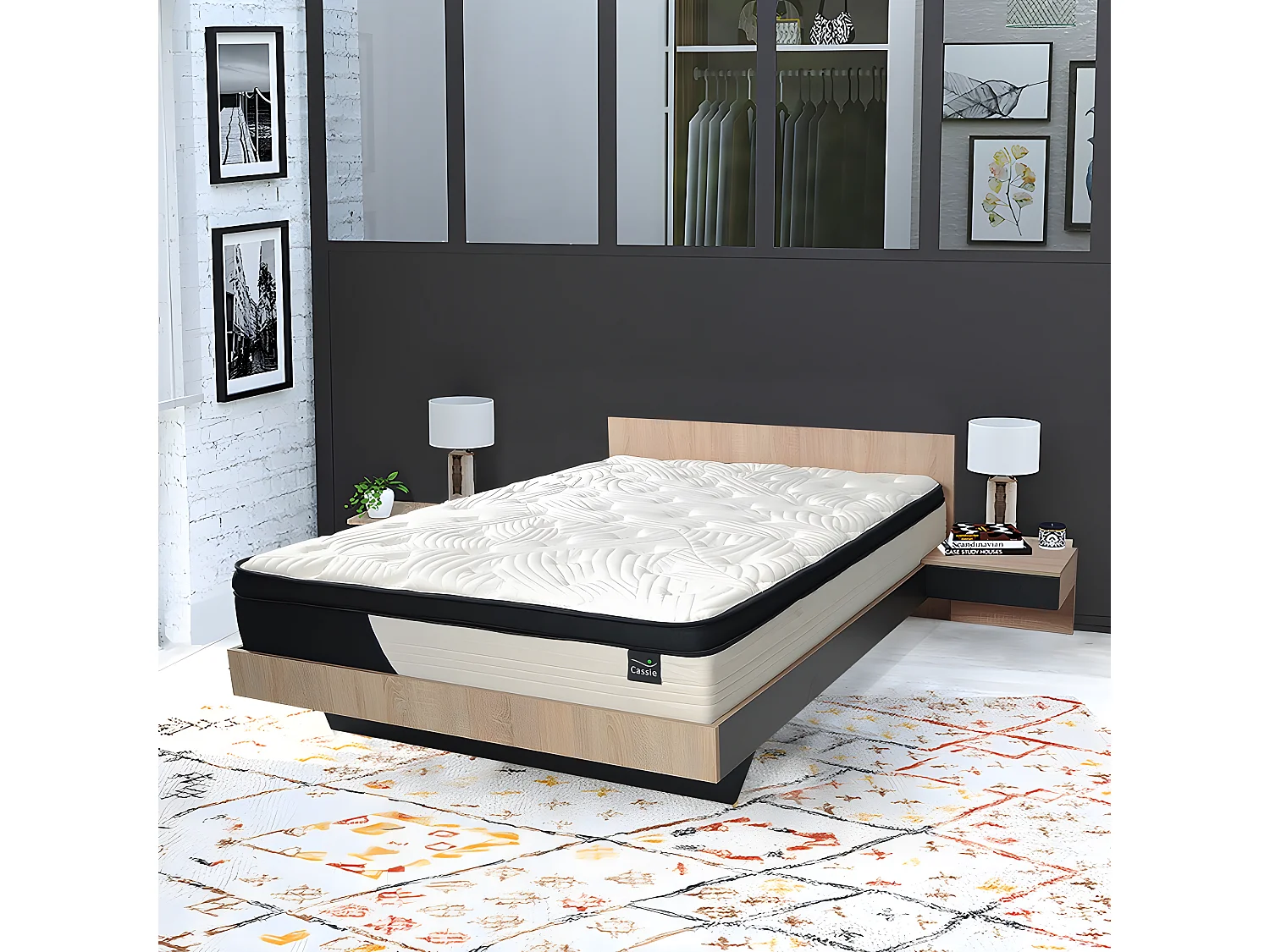 Lit COOL 140x190 cm + 2 chevets + sommier + matelas CASSIE / Décor Chêne blanchi & noir