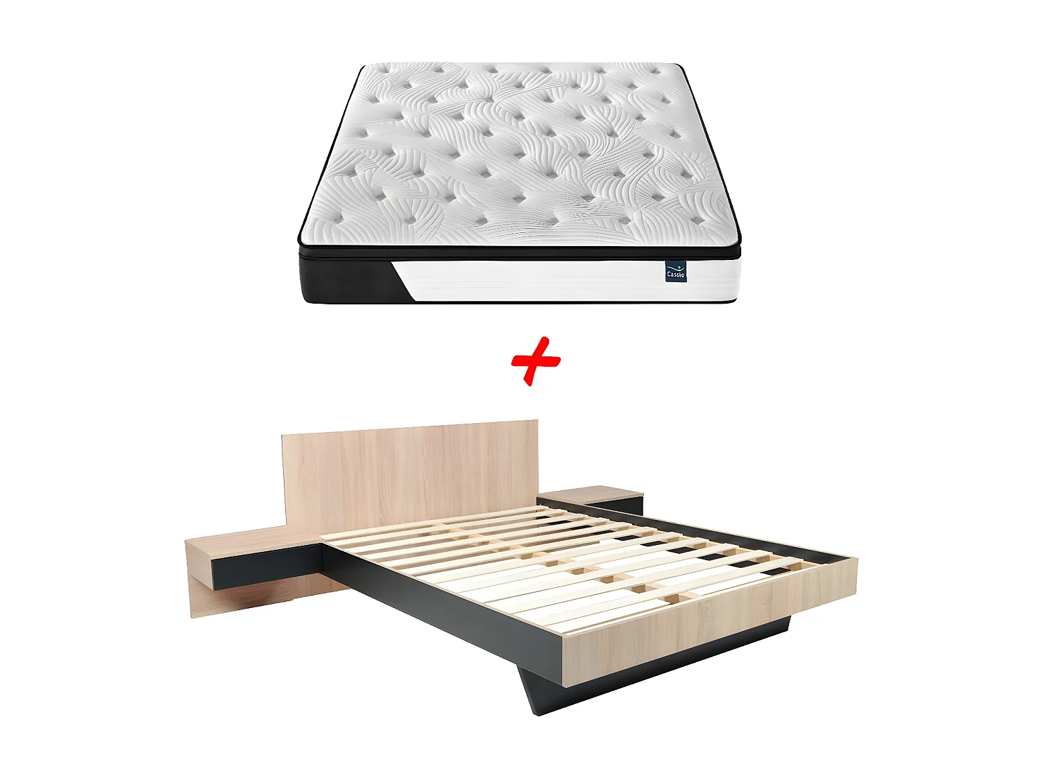 Lit COOL 140x190 cm + 2 chevets + sommier + matelas CASSIE / Décor Chêne blanchi & noir