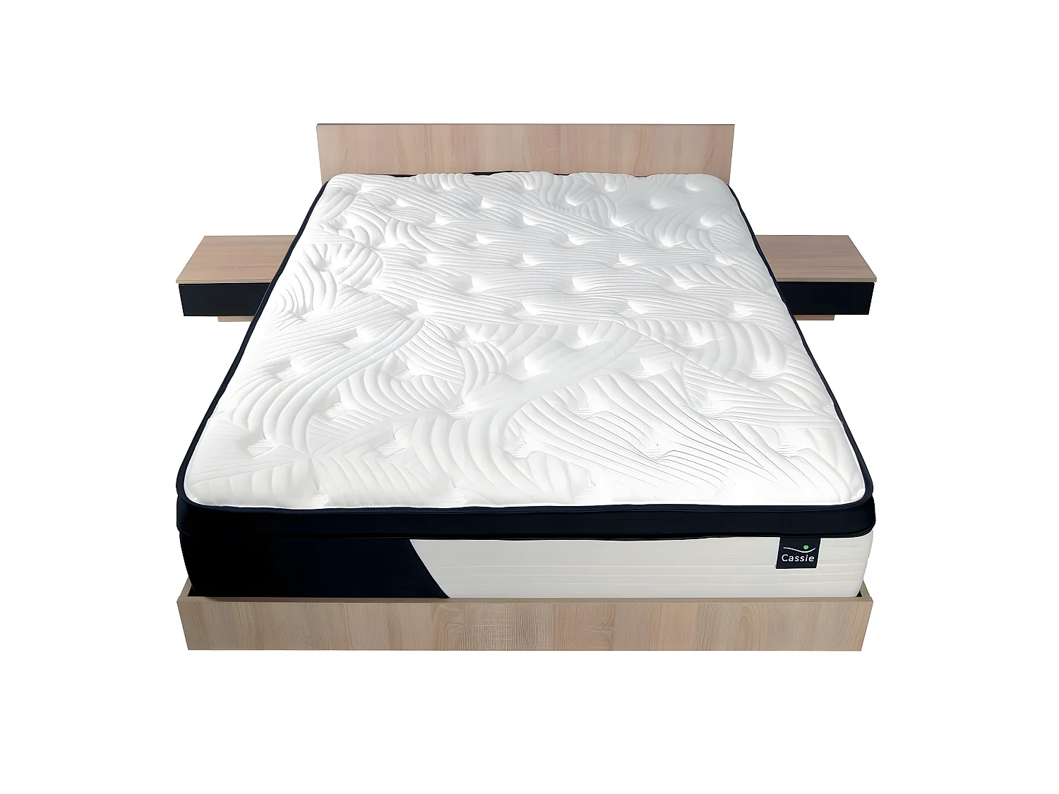 Lit COOL 140x190 cm + 2 chevets + sommier + matelas CASSIE / Décor Chêne blanchi & noir