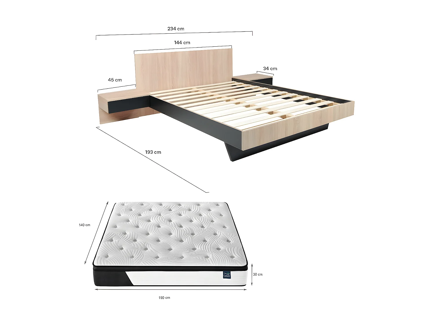 Lit COOL 140x190 cm + 2 chevets + sommier + matelas CASSIE / Décor Chêne blanchi & noir