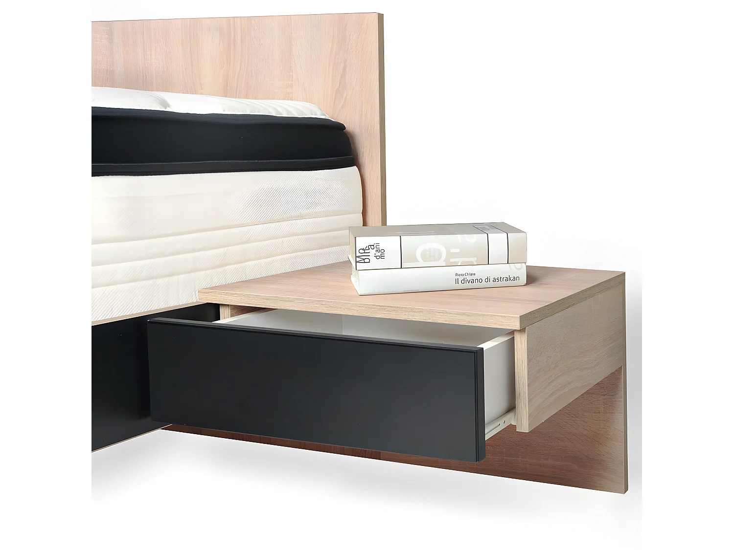 Lit COOL 140x190 cm + 2 chevets + sommier + matelas CASSIE / Décor Chêne blanchi & noir