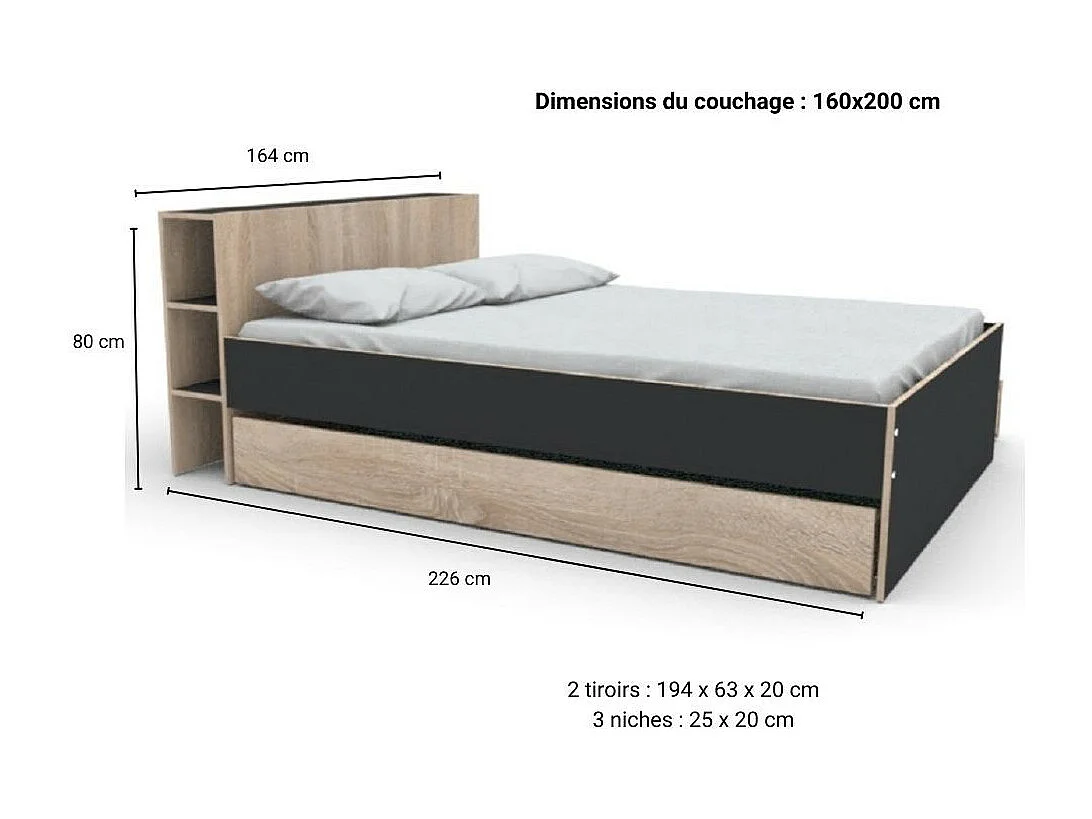 Lit RIGA 160x200cm + tête de lit + 2 tiroirs / Noir et décor chêne blanchi