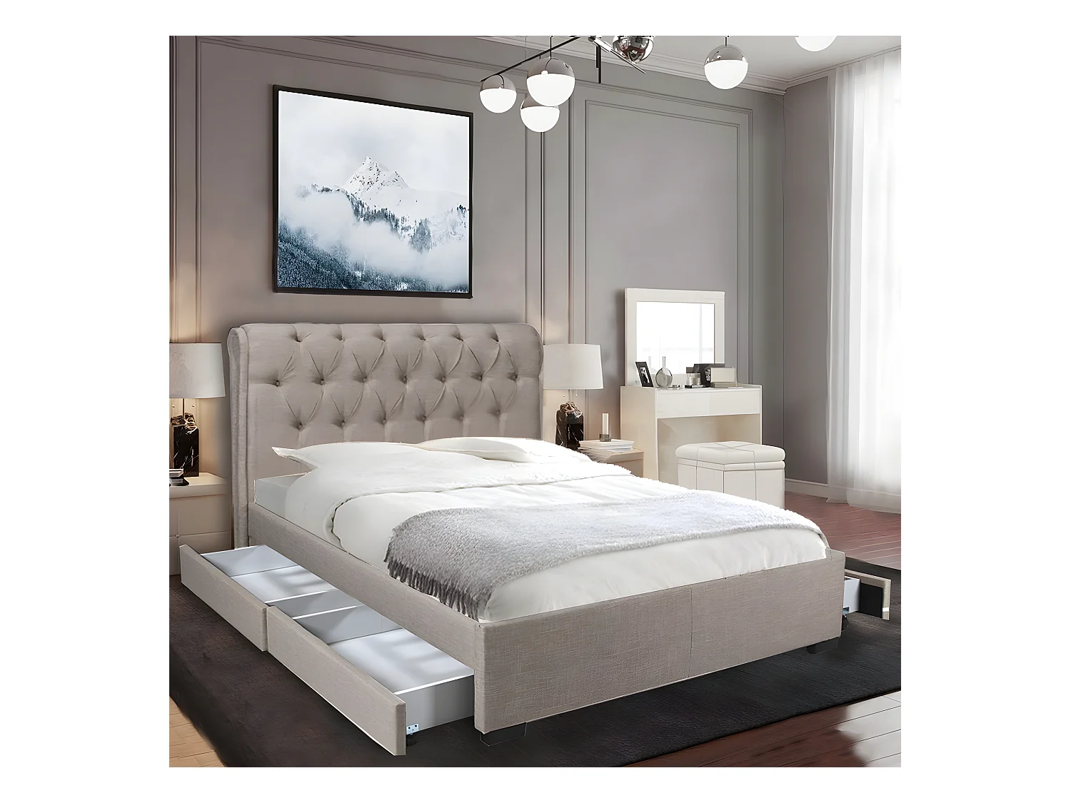 Lit CHELSEA 140x190  + 4 tiroirs + sommier / Beige