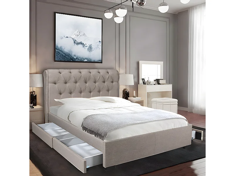 Lit CHELSEA 140x190  + 4 tiroirs + sommier / Beige