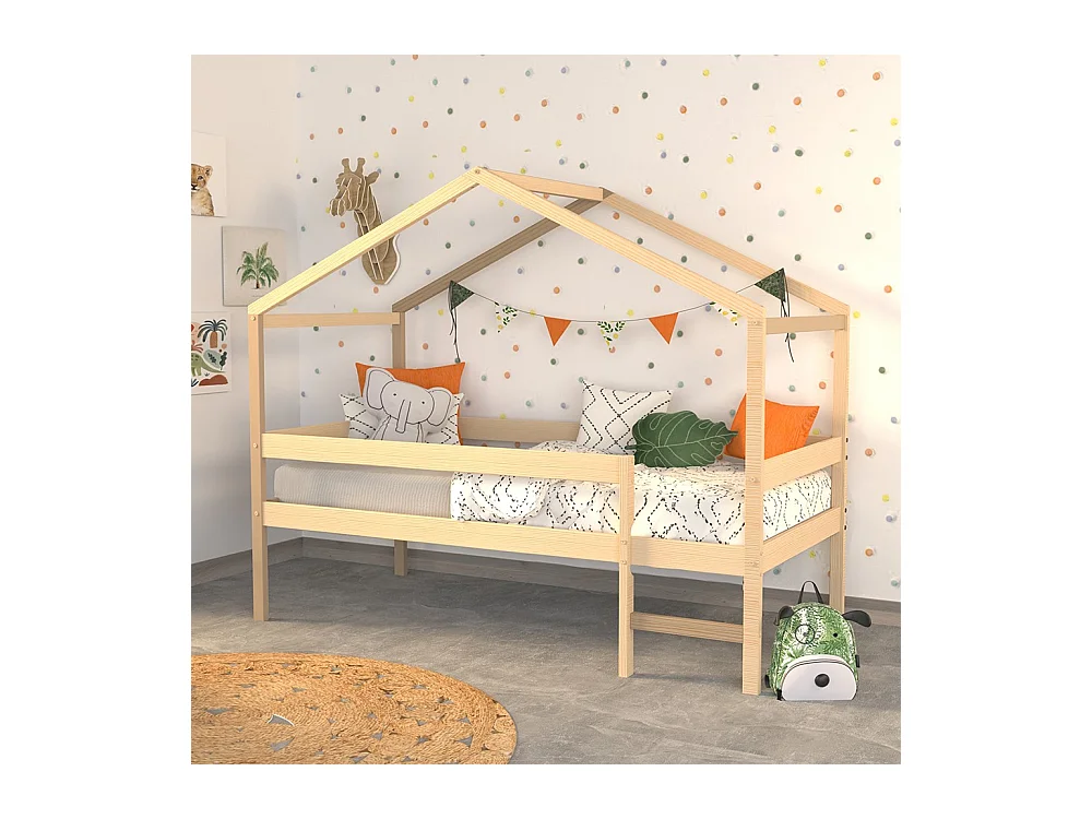Lit cabane MIKA 90x190 + sommier + matelas IRIS  / Naturel