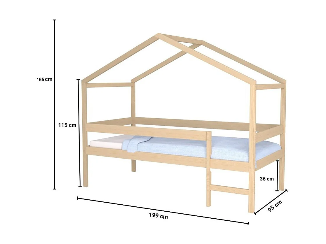 Lit cabane MIKA 90x190 + sommier + Matelas IRIS  / Bois clair