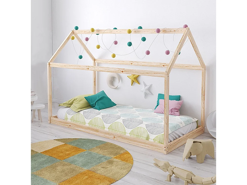 Lit cabane PANDA 90x190 + 1 sommier + matelas IRIS / Naturel