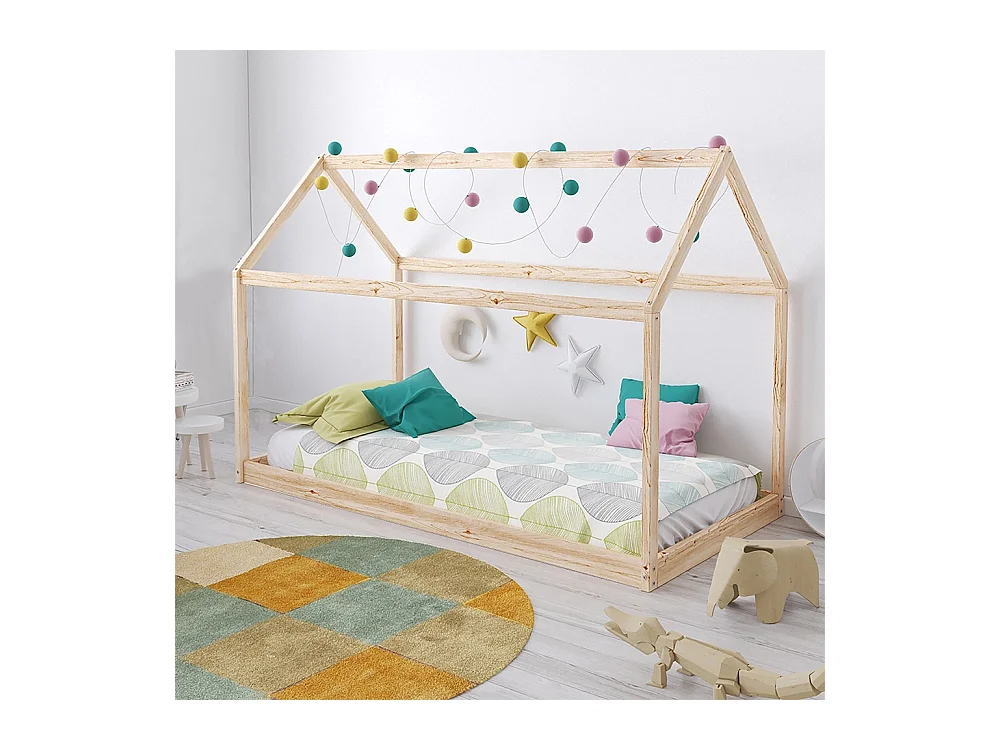 Lit cabane PANDA 90x190 + 1 sommier + matelas IRIS / Naturel