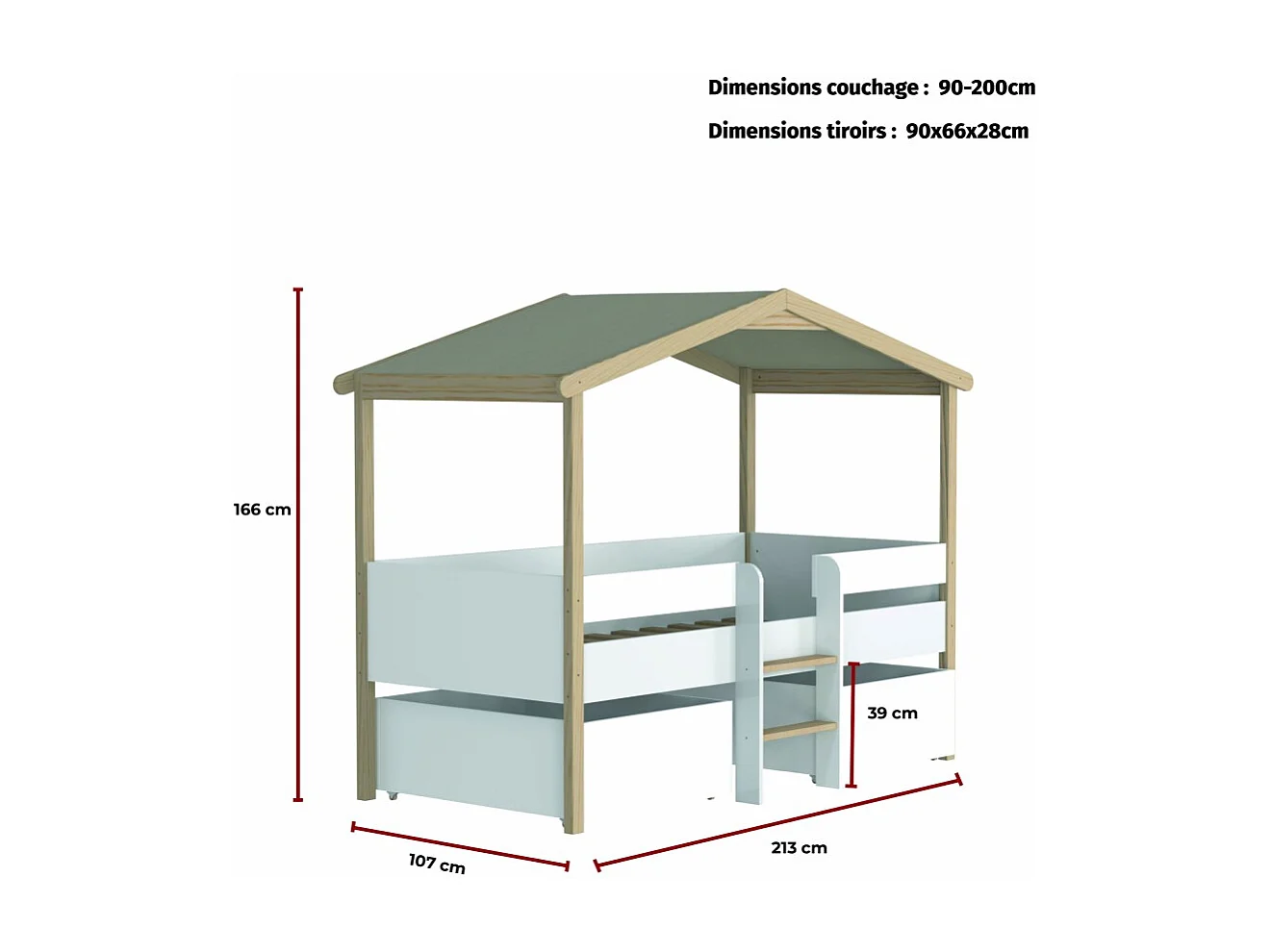 Lit cabane PILOTI 90x190 + 2 tiroirs + 1 sommier + 1 matelas IRIS / Blanc et naturel