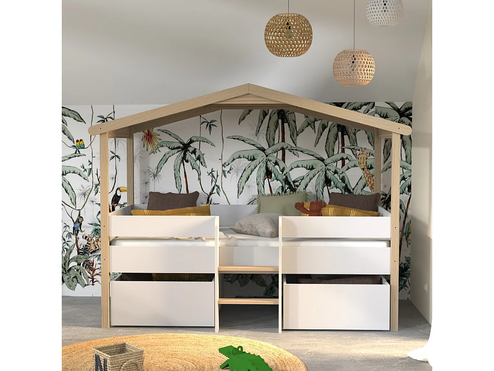 Lit cabane PILOTI 90x190 + 2 tiroirs + 1 sommier + 1 matelas IRIS / Blanc et naturel