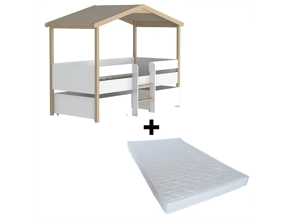 Lit cabane PILOTI 90x190 + 2 tiroirs + 1 sommier + 1 matelas IRIS / Blanc et Bois clair