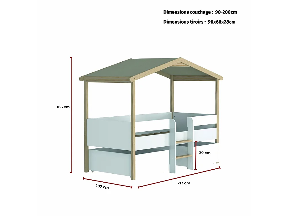 Lit cabane PILOTI 90x190 + 2 tiroirs + 1 sommier + 1 matelas IRIS / Blanc et Bois clair