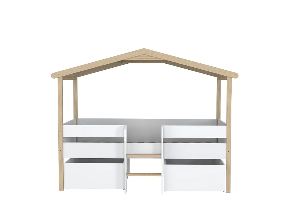 Lit cabane PILOTI 90x190 + 2 tiroirs + 1 sommier + 1 matelas IRIS / Blanc et Bois clair