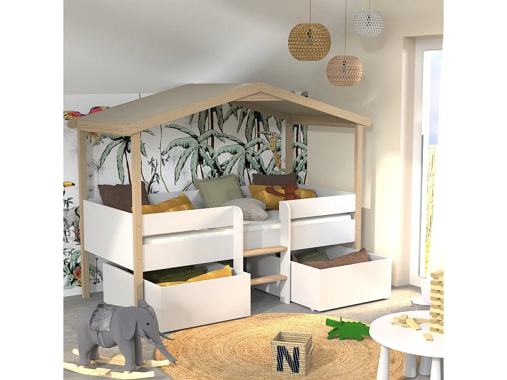 Lit cabane PILOTI 90x190 + 2 tiroirs + 1 sommier + 1 matelas IRIS / Blanc et Bois clair