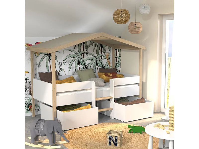 Lit cabane PILOTI 90x190 + 2 tiroirs + 1 sommier + 1 matelas IRIS / Blanc et naturel