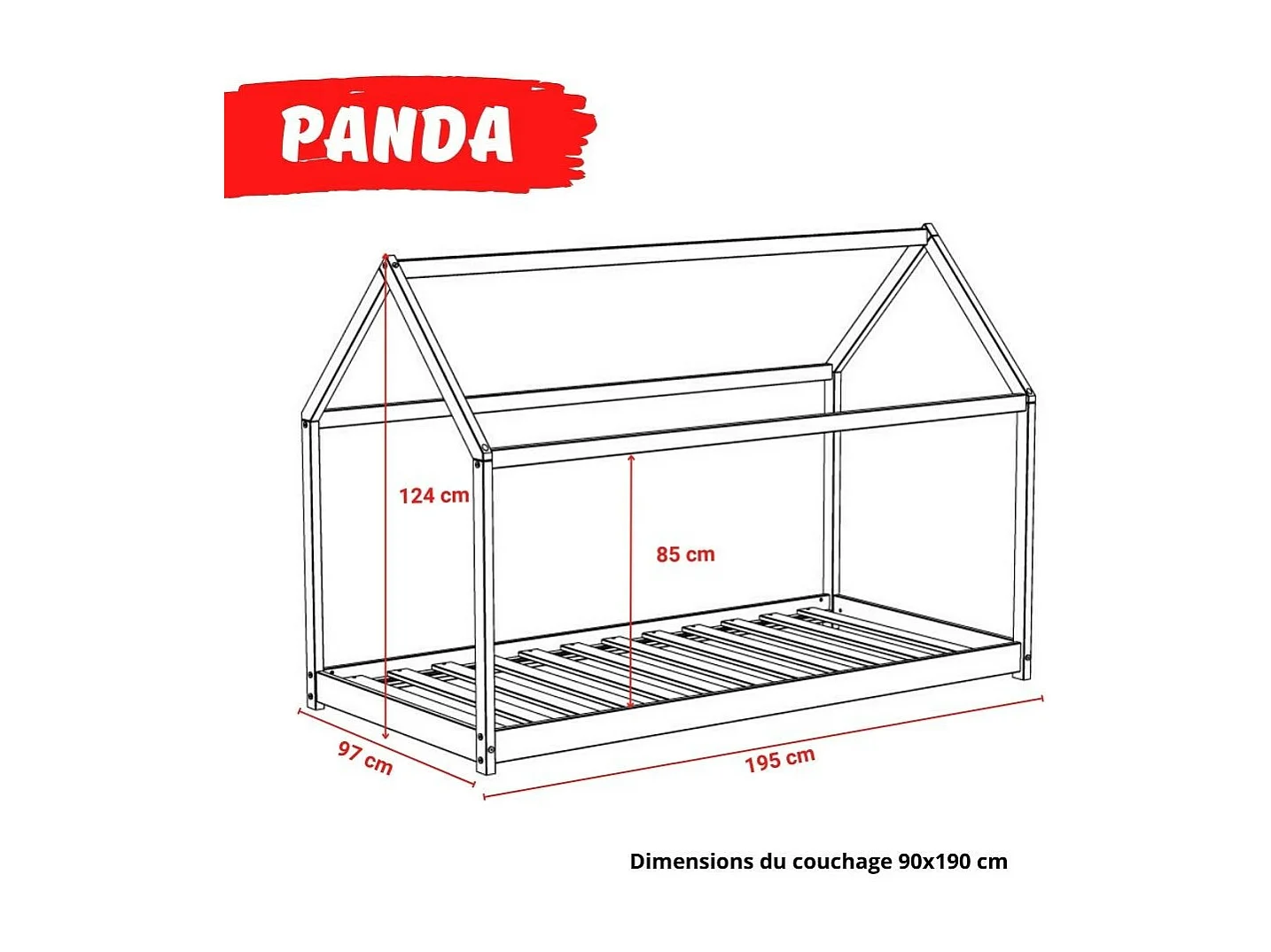 Lit cabane PANDA 90x190 + 1 sommier + matelas IRIS / Blanc