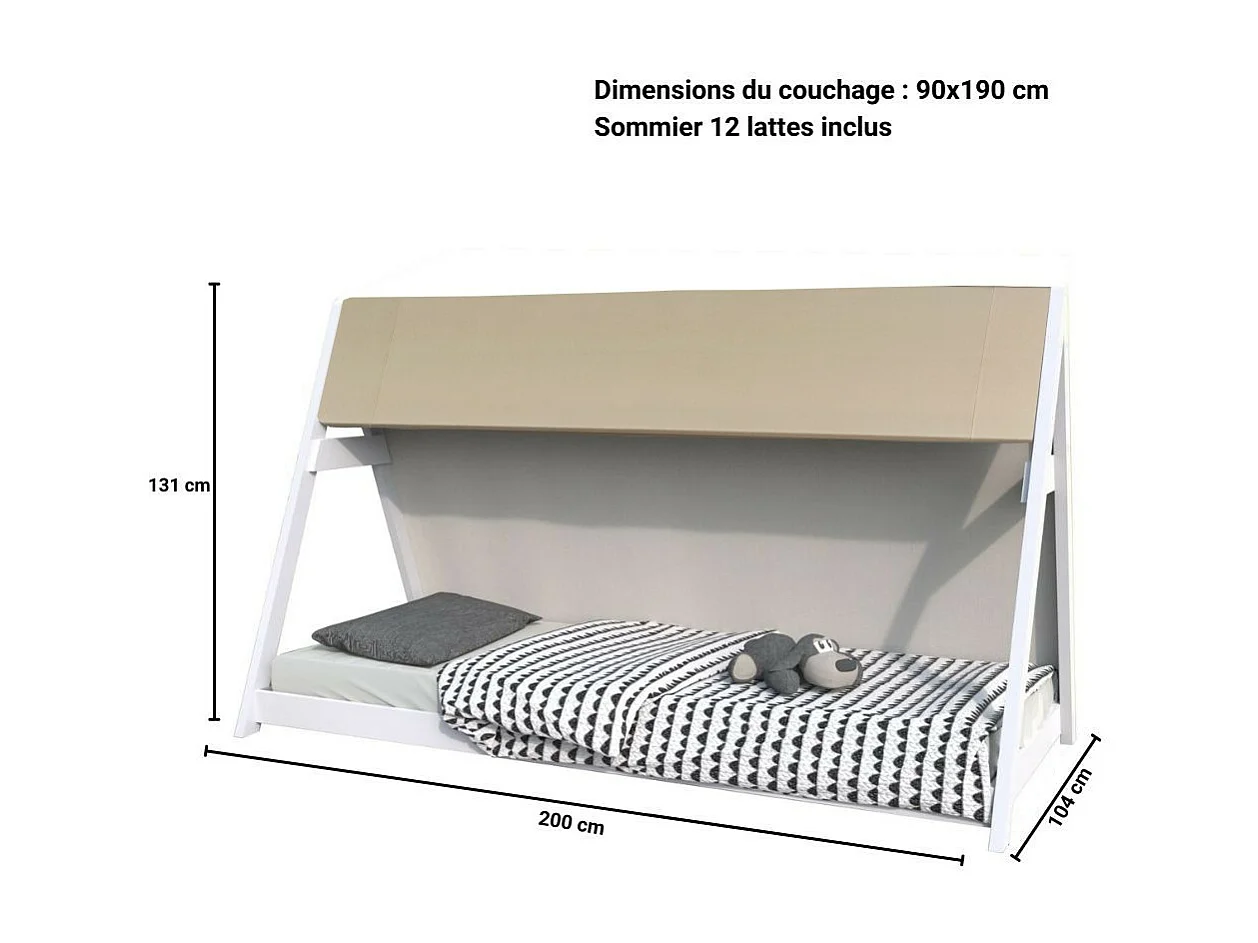 Lit cabane TIPI 90x190 + 1 toile + 1 sommier / Blanc