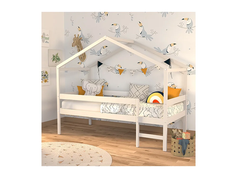 Lit cabane MIKA 90x190 + sommier + matelas IRIS / Blanc
