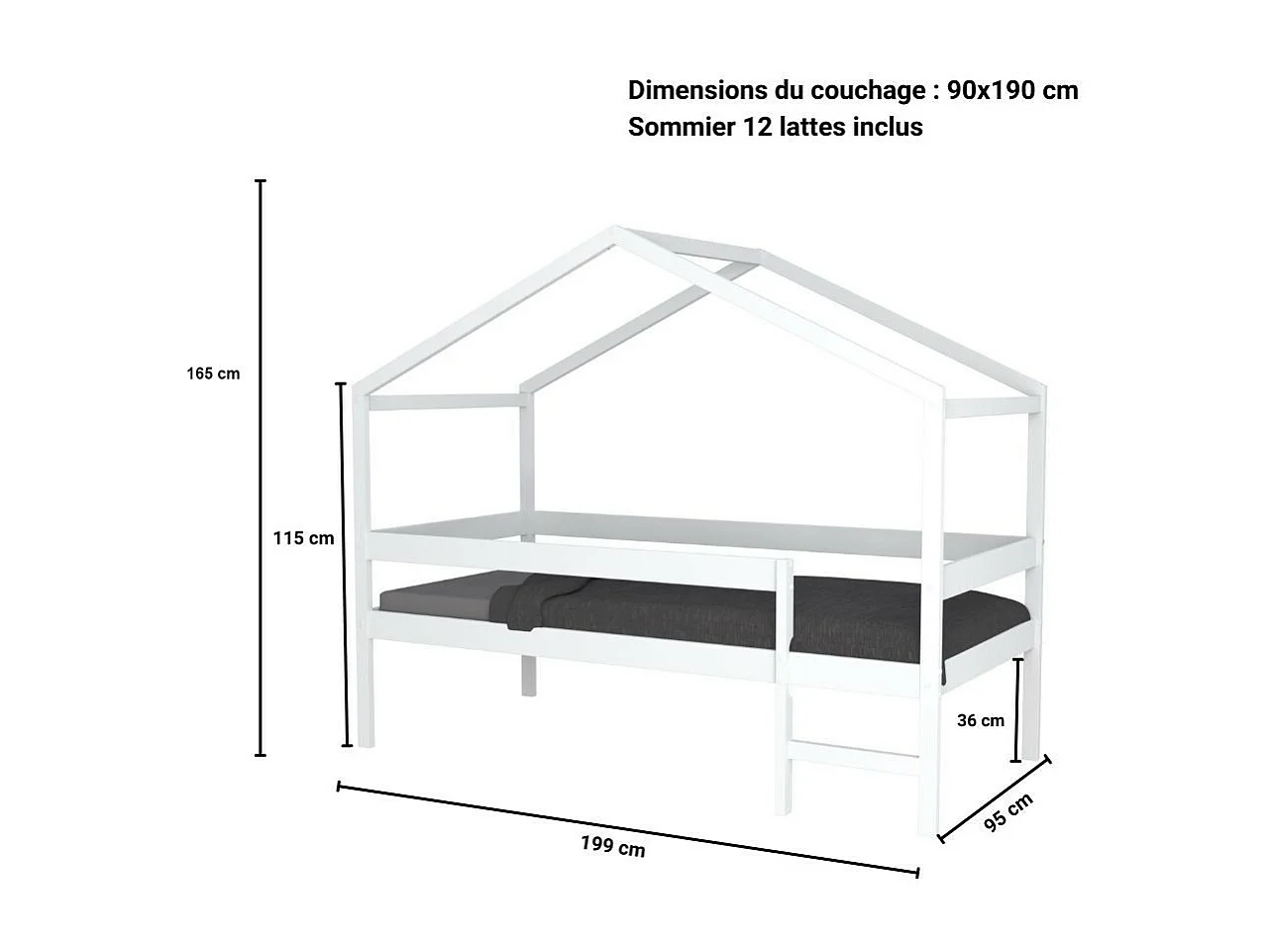Lit cabane MIKA 90x190 + sommier + matelas IRIS / Blanc