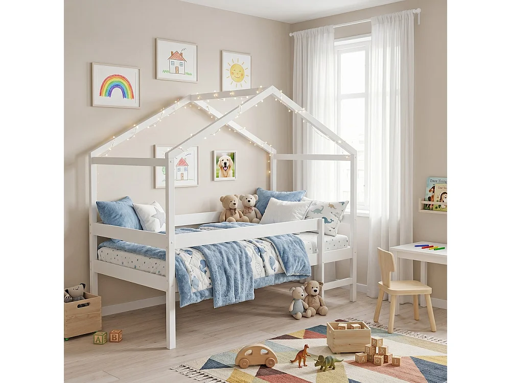 Lit cabane MIKA 90x190 + sommier + matelas IRIS / Blanc