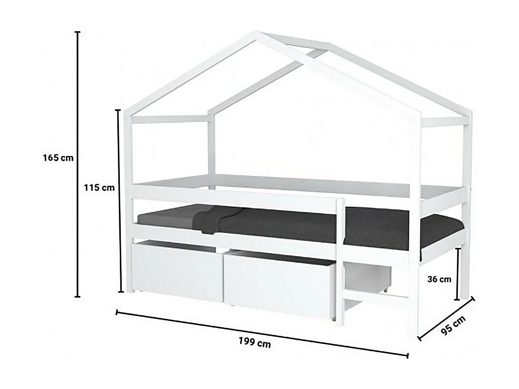 Lit cabane MIKA 90x190 + sommier + 2 tiroirs + matelas IRIS / Blanc