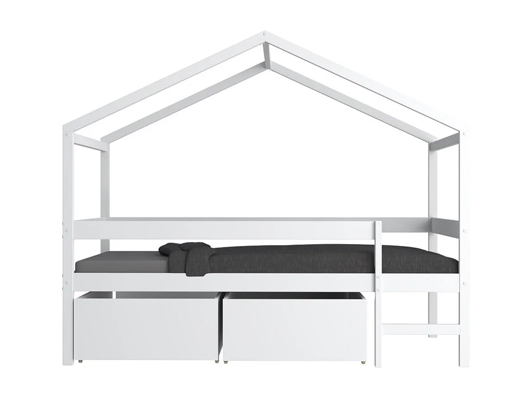 Lit cabane MIKA 90x190 + sommier + 2 tiroirs + matelas IRIS / Blanc