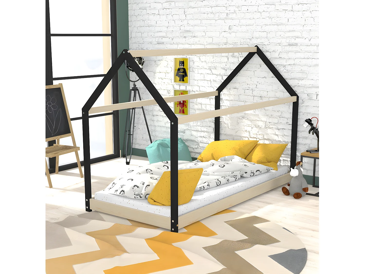 Lit cabane PANDA 90x190 + 1 sommier + matelas IRIS / Naturel et Noir