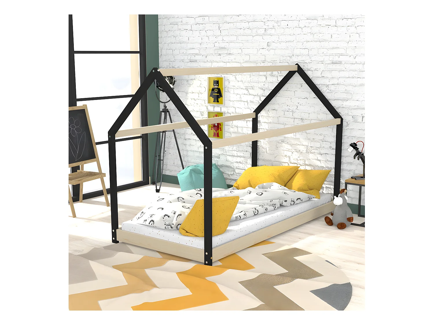 Lit cabane PANDA 90x190 + 1 sommier + matelas IRIS / Naturel et Noir