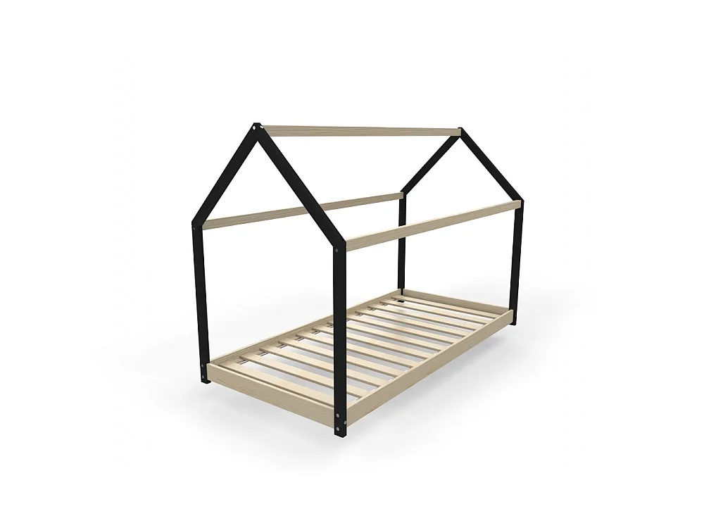 Lit cabane PANDA 90x190 + 1 sommier + matelas IRIS / Bois clair et Noir