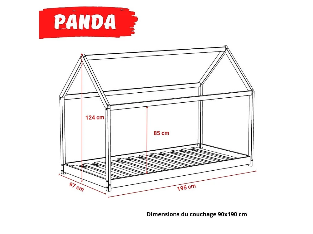 Lit cabane PANDA 90x190 + 1 sommier + matelas IRIS / Bois clair et Noir