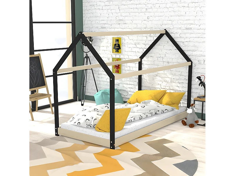 Lit cabane PANDA 90x190 + 1 sommier + matelas IRIS / Naturel et Noir