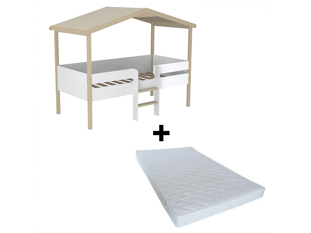 Lit cabane PILOTI 90x190 + 1sommier+ matelas IRIS / Blanc et naturel