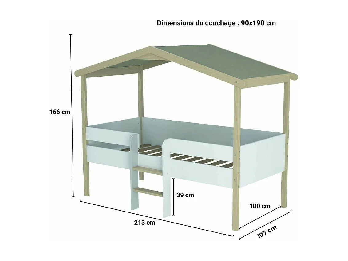 Lit cabane PILOTI 90x190 + 1sommier+ matelas IRIS / Blanc et naturel