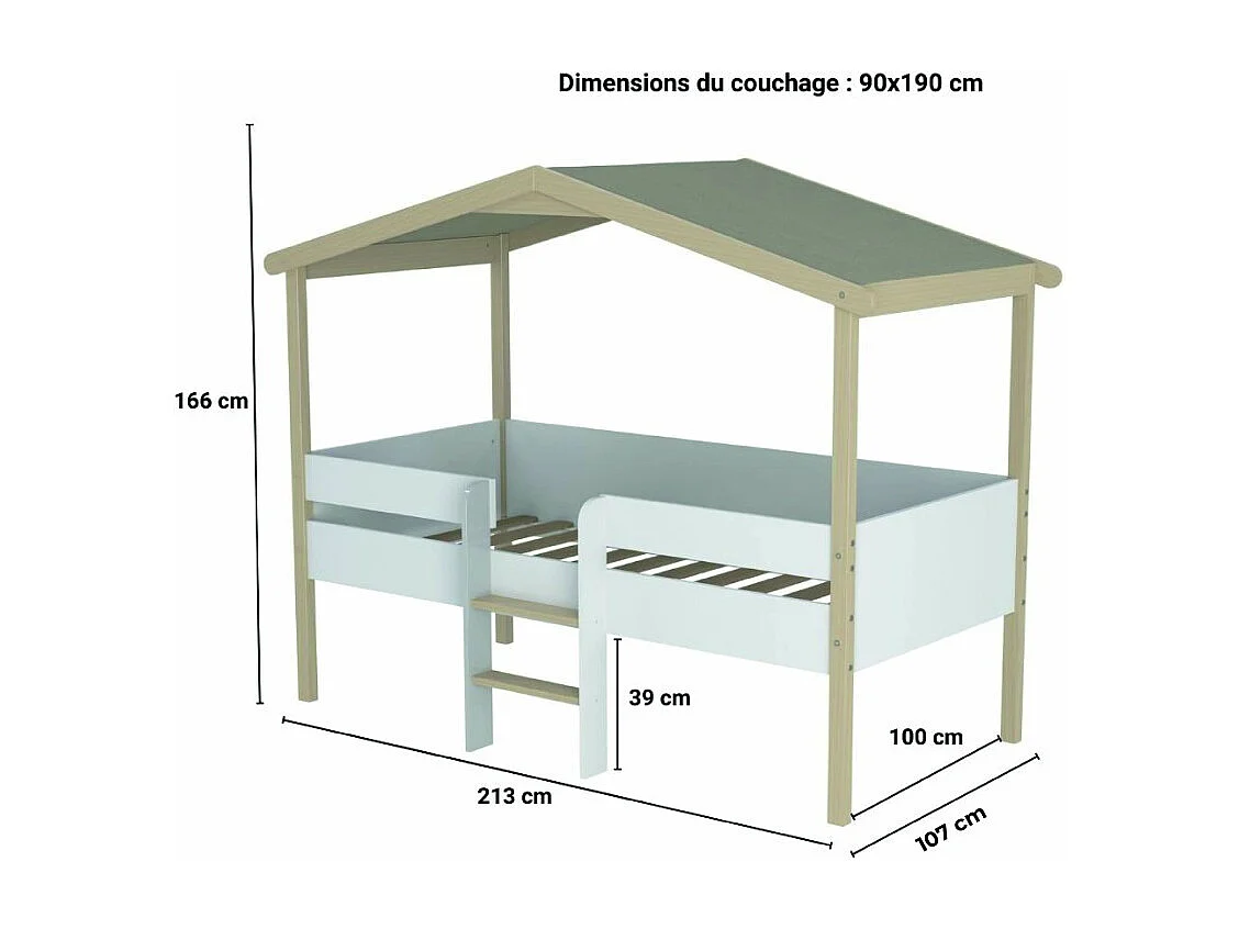 Lit cabane PILOTI 90x190 + 1sommier+ matelas IRIS / Blanc et naturel