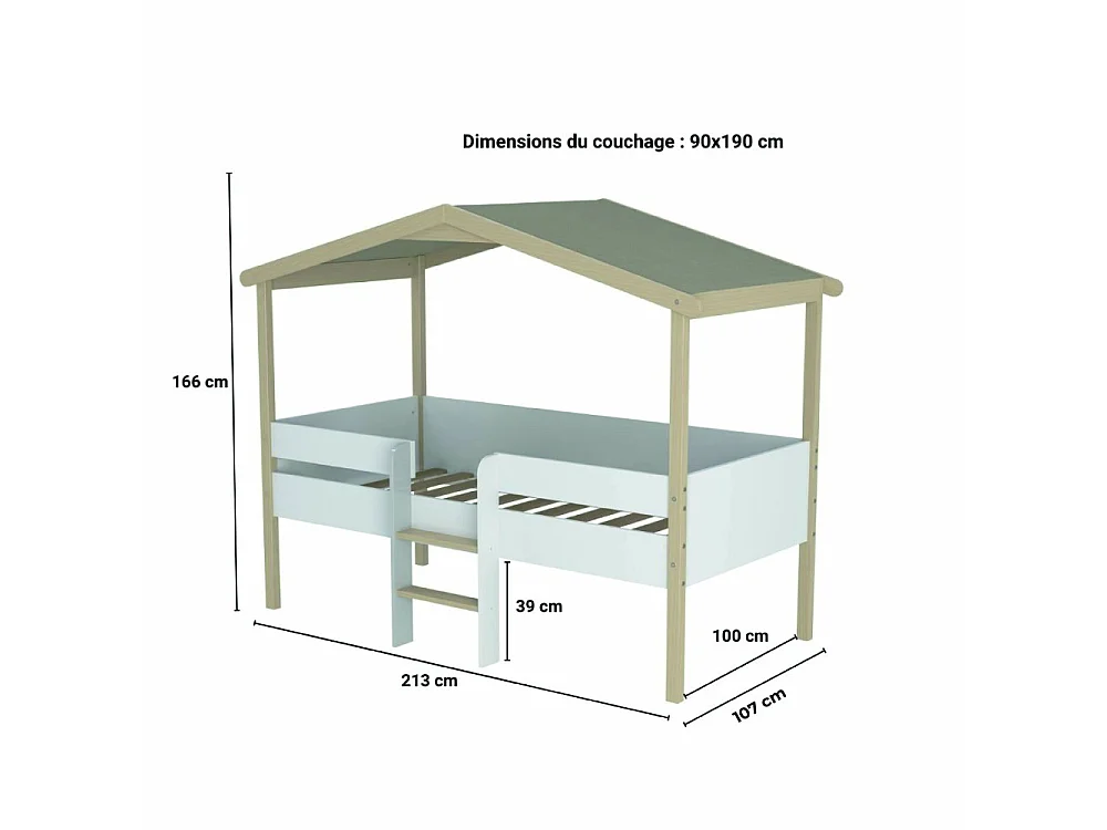 Lit cabane PILOTI 90x190 + 1sommier+ matelas IRIS / Blanc et Bois clair