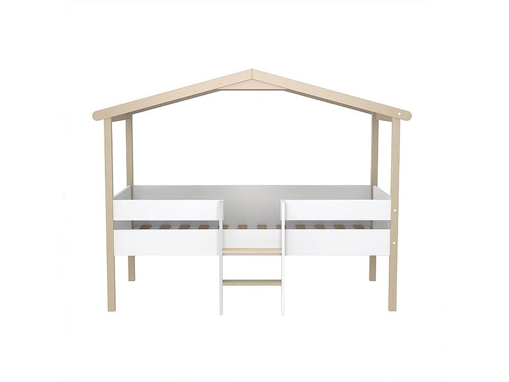 Lit cabane PILOTI 90x190 + 1sommier+ matelas IRIS / Blanc et Bois clair