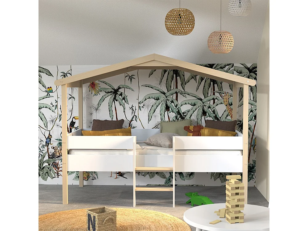 Lit cabane PILOTI 90x190 + 1sommier+ matelas IRIS / Blanc et Bois clair
